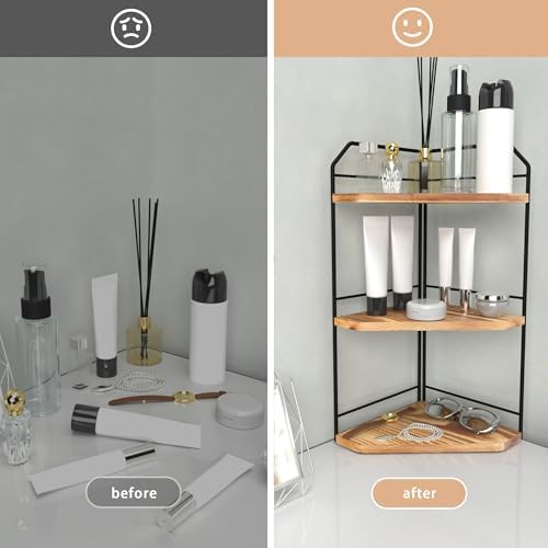 Corner Bathroom Counter Organizer 3 Tier Wood Vanity Shelf
