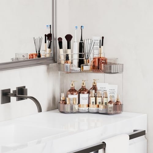 2-Tier Corner Bathroom Organizer with Toothbrush Holder and Makeup Stand