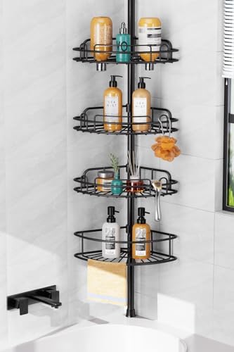 HAMITOR 4-Tier Shower Caddy Tension Pole - Rustproof Black Bathroom Shelf Organizer