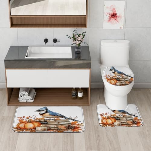 DESIHOM 4PCS Fall Blue Jay Bird Shower Curtain Set with Hooks and Bath Mat