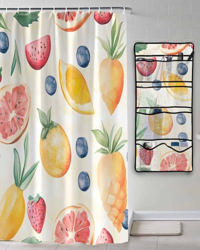 Watercolor Fruit Shower Curtain Set with Organizer