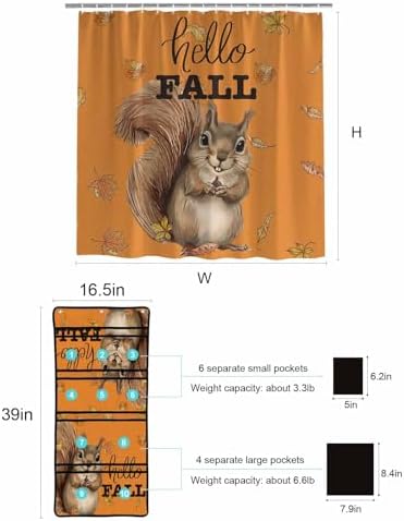 Autumn Squirrel Shower Curtain Set with 10 Pockets and Hooks