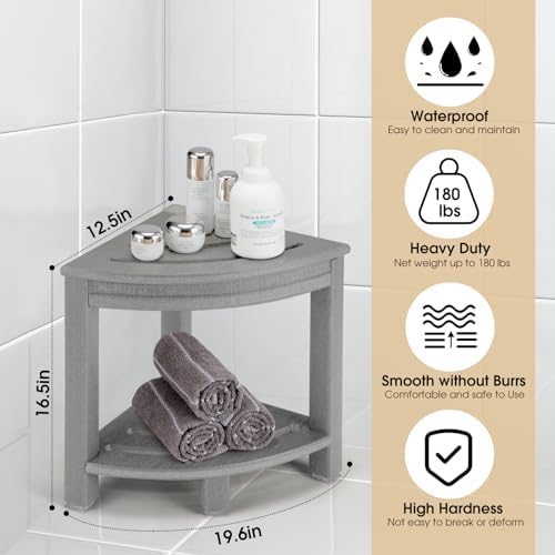 HDPE Corner Shower Stool with Storage Shelf Grey