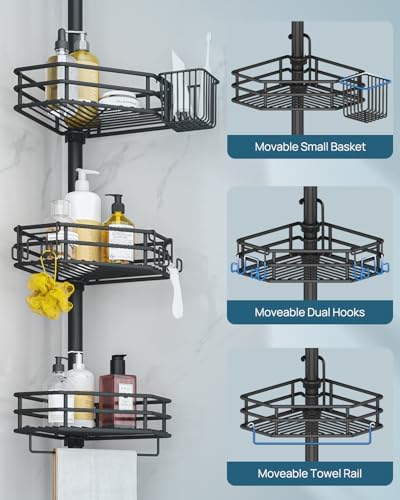 SEIRIONE Corner Shower Caddy Tension Pole with 4-Tier Adjustable Shelf Drill Free Rust-Proof Black