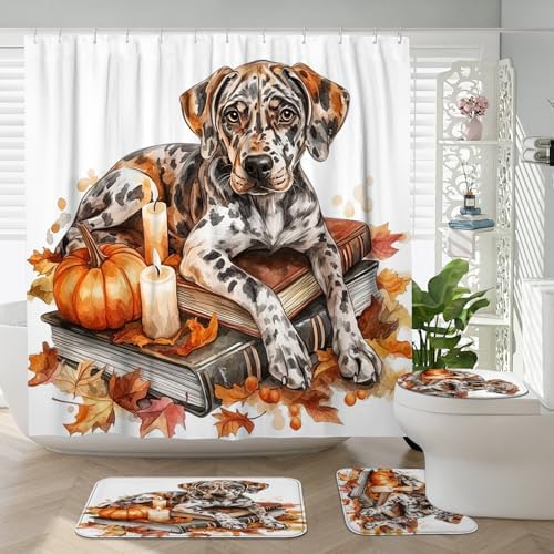 DESIHOM 4PCS Fall Catamounts Leopard Shower Curtain Set with Non-Slip Rug and Toilet Lid Cover Mat