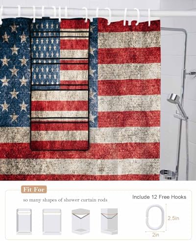 ZFUNCING Vintage Flag Shower Curtain Set with Mesh Organizer and Hooks
