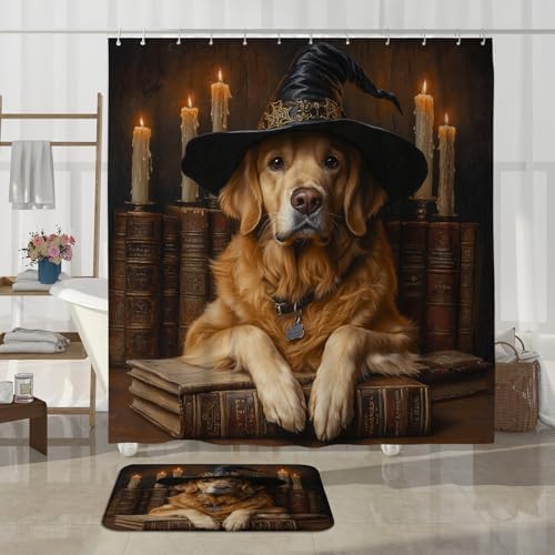 4PCS Halloween Witch Dog Bathroom Set with Non-Slip Rug and U Shape Cover