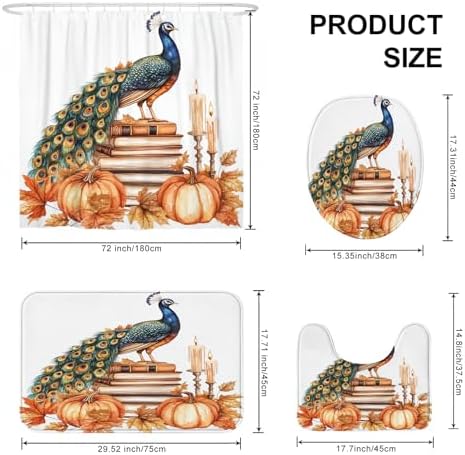 DESIHOM 4PCS Fall Peacock Shower Curtain Set with Hooks Non-Slip Rug U Shape and Toilet Lid Cover Mat