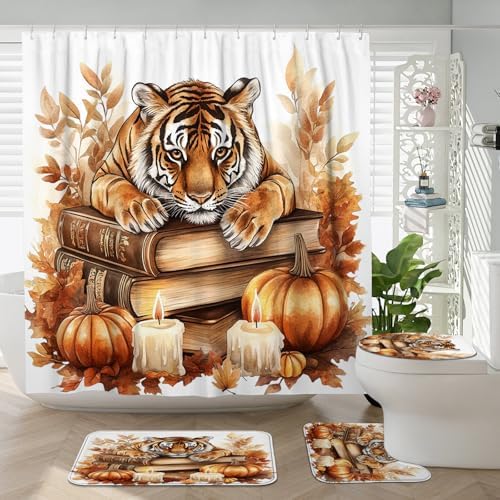 4PCS Fall Tigers Pumpkins Shower Curtain Set with Non-Slip Rug and Toilet Lid Cover Mat