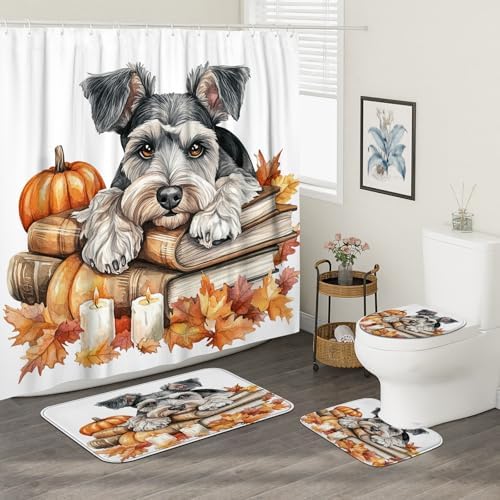 DESIHOM 4PCS Fall Schnauzer Dog Shower Curtain Set