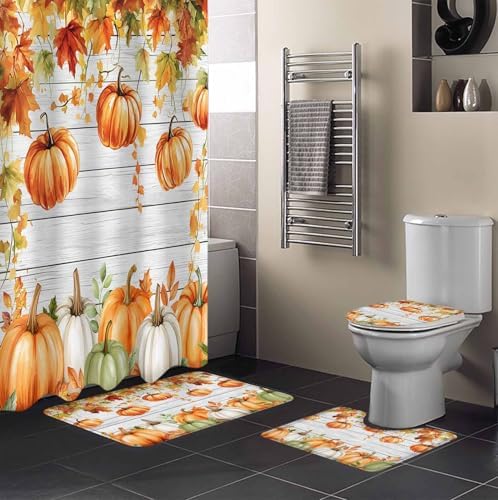 Thanksgiving Pumpkin Shower Curtain Set with 4 Pcs Mats and Rug