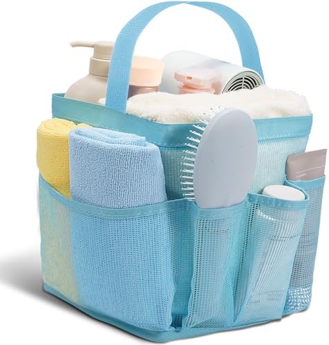 Portable Shower Caddy with 9 Pockets for Dorm Room and Travel Blue