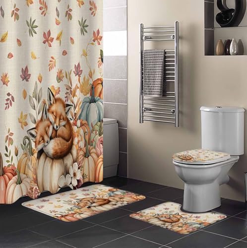 Thanksgiving Watercolor Pumpkin Shower Curtain Set 4PCS Waterproof