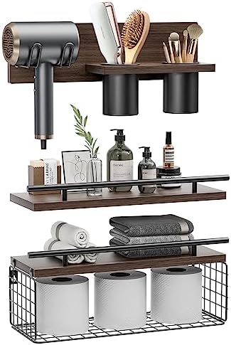 RoleDes Bathroom Floating Shelves with Hair Dryer Holder Set of 3