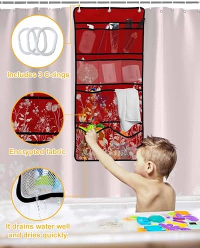 Red Leaf Flower Pattern Shower Curtain with 10 Pockets and Hooks