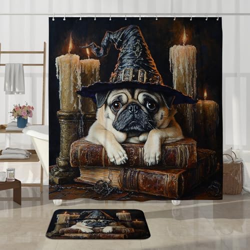 4PCS Halloween Witch Pug Dog Bathroom Set