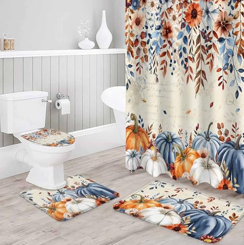 Siimuatlton Thanksgiving Pumpkins Shower Curtain Set 4 Pcs