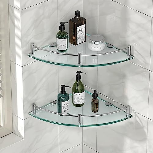 YorkHoMo Glass Corner Shelves with Rail 2 Pack