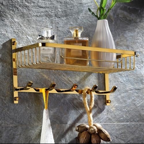 Gold Brass Shower Caddy with 5 Hooks