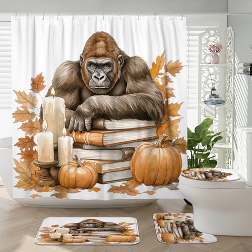 4PCS Fall Chimpanzee Pumpkins Shower Curtain Set with Hooks and Bath Mat