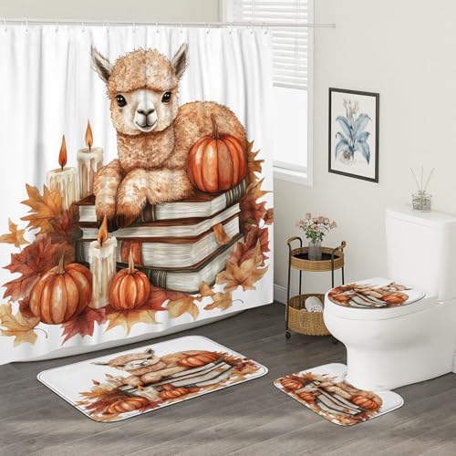 DESIHOM 4PCS Fall Alpaca Llama Shower Curtain Set with Hooks and Non-Slip Mat
