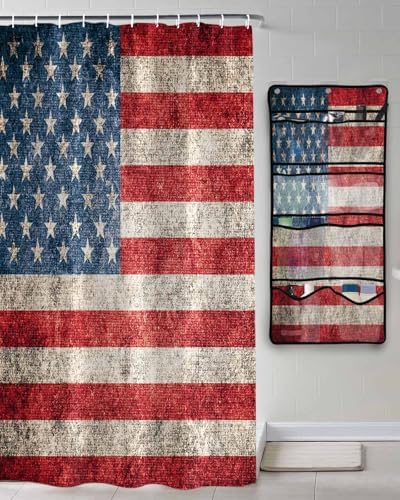 ZFUNCING Vintage Flag Shower Curtain Set with Mesh Organizer and Hooks