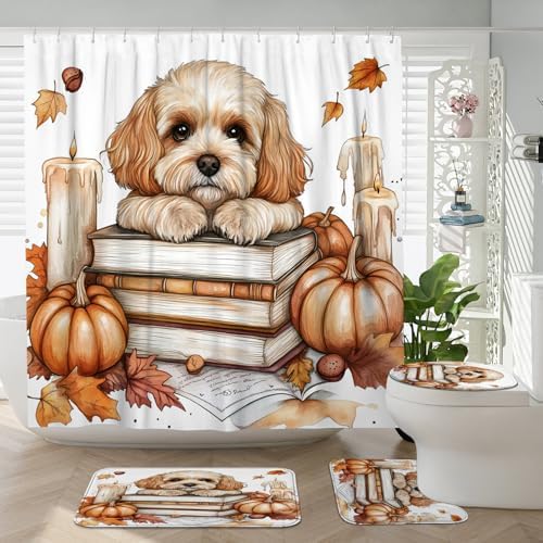 DESIHOM 4PCS Fall Cavachon Shower Curtain Set with Non-Slip Rug and Hooks