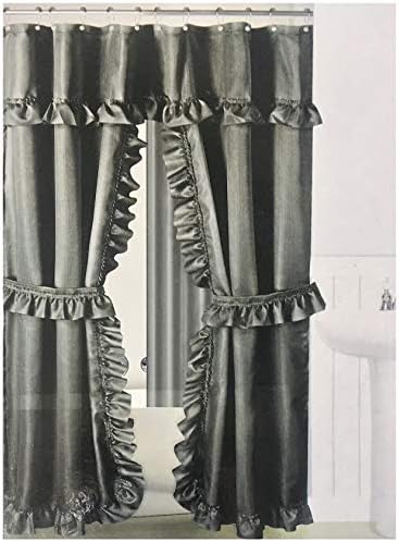 Ruffled Double Swag Shower Curtain With 12 Hooks And 2 Tie Backs