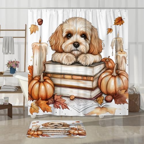DESIHOM 4PCS Fall Cavachon Shower Curtain Set with Non-Slip Rug and Hooks