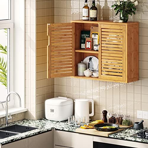 VIAGDO Wall Cabinet with Adjustable Shelves Bamboo Medicine Cabinet for Bathroom