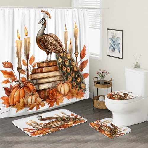 DESIHOM 4PCS Fall Peacock Shower Curtain Set with Hooks Non-Slip Rug and Toilet Lid Cover Mat