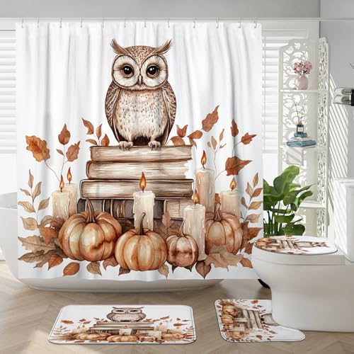 DESIHOM 4PCS Fall Owl Bird Shower Curtain Set with Hooks and Bath Mat