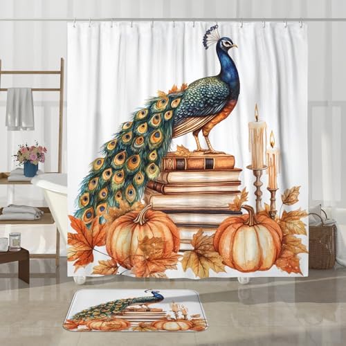 DESIHOM 4PCS Fall Peacock Shower Curtain Set with Hooks Non-Slip Rug U Shape and Toilet Lid Cover Mat