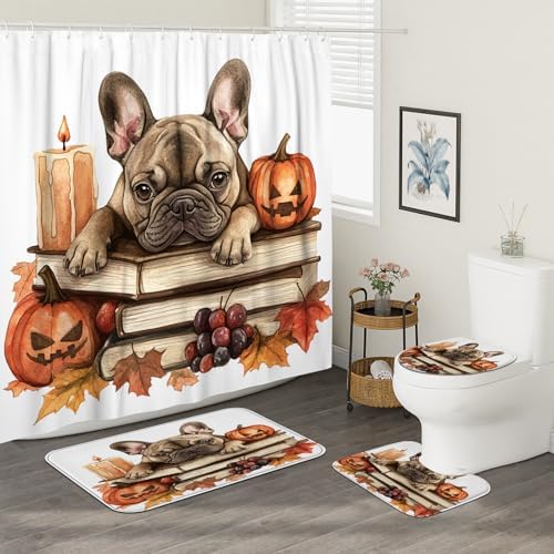 DESIHOM 4PCS Fall French Bulldog Shower Curtain Set with Non-Slip Rug and Hooks