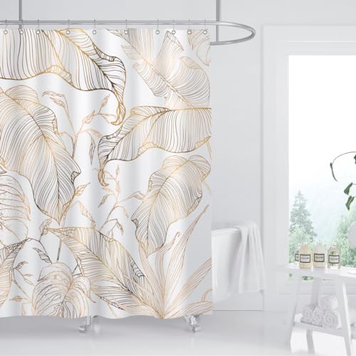 White Gold Tropical Palm Shower Curtain Set with Hooks