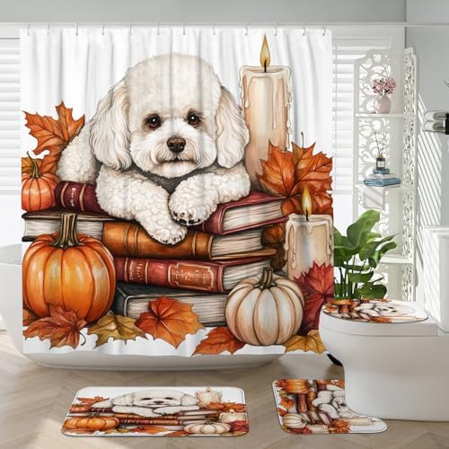 DESIHOM 4PCS Fall Bichon Frise Dog Shower Curtain Set with Non-Slip Rug and Toilet Lid Cover Mat