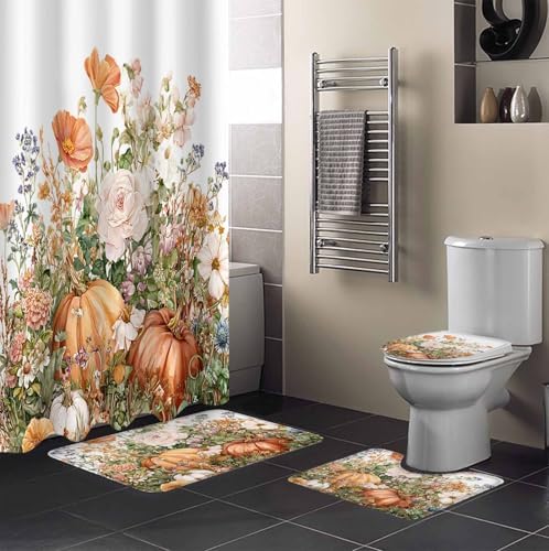 Thanksgiving Flowers Pumpkin Shower Curtain Set 4 Pcs