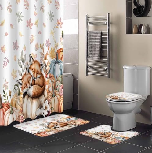 Fall Pumpkin Fox 4 Piece Waterproof Shower Curtain Set