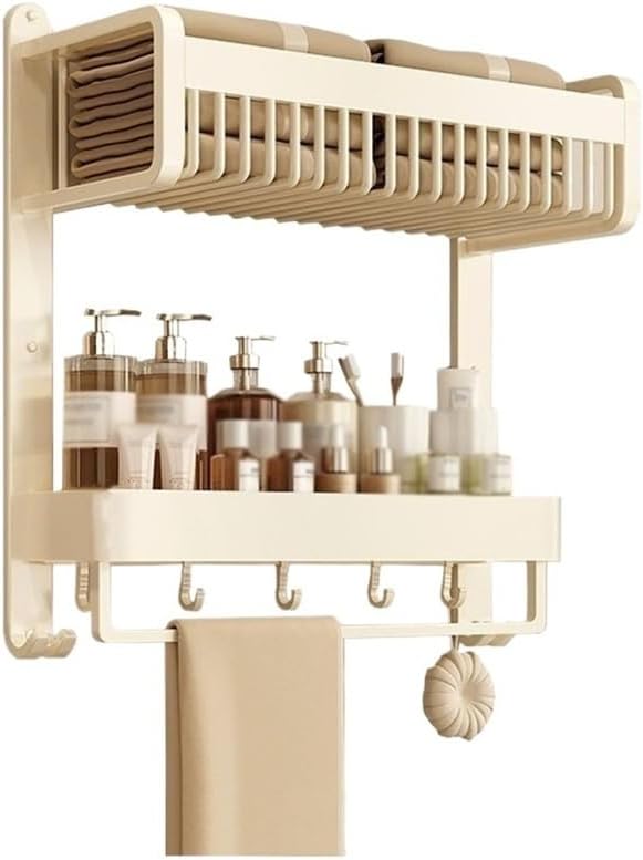2-Tier Bathroom Shelf With Towel Bar and Hooks Wall Mounted Aluminum Shower Organizer 57CM