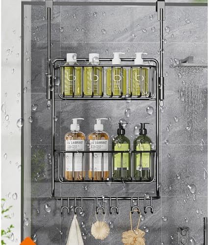 2-Tier Over Door Shower Caddy with 6 Hooks Rustproof Metal Storage for Toiletries No Drill Mount Black