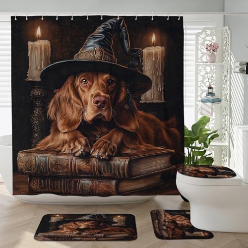 4PCS Halloween Witch Dog Bathroom Set with Non-Slip Rug and U Shape Toilet Cover