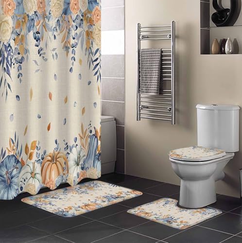 Orange Blue Fall 4 Pcs Shower Curtain Set with Non-Slip Rugs and Mats