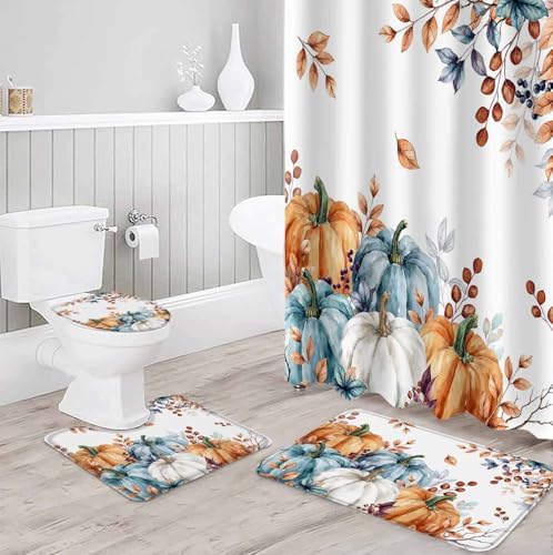 Fall Thanksgiving 4 Pcs Waterproof Shower Curtain Set with Non-Slip Rugs