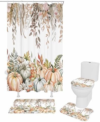 Thanksgiving 4 Pc Shower Curtain Set with Non-Slip Rugs