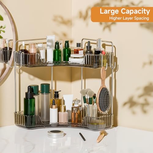 2 Tier Corner Bathroom Organizer with Hooks and Trays Gray