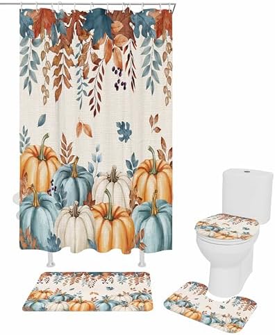Harvest Pumpkin 4 Pc Shower Curtain Set with Non-Slip Rugs