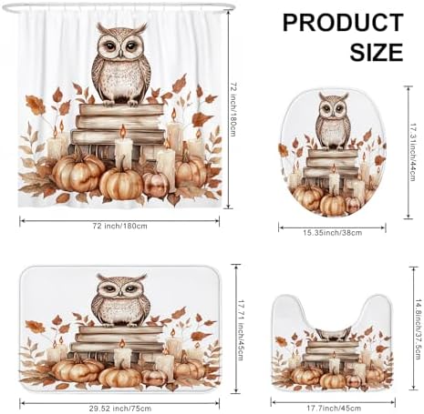 DESIHOM 4PCS Fall Owl Bird Shower Curtain Set with Hooks and Bath Mat