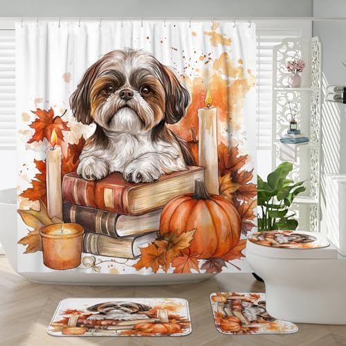 DESIHOM 4PCS Fall Shih Tzu Dog Shower Curtain Set with Non-Slip Rug