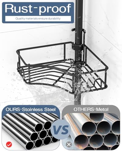 SEIRIONE Corner Shower Caddy Tension Pole 4-Tier Rust-Free Organizer Black