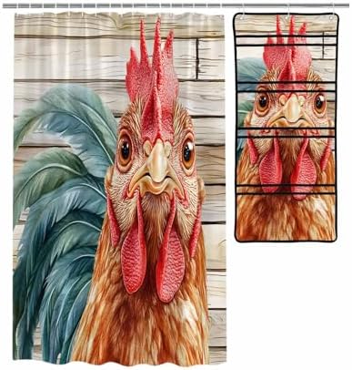 Farmhouse Rooster Shower Curtain Set with 10 Pockets